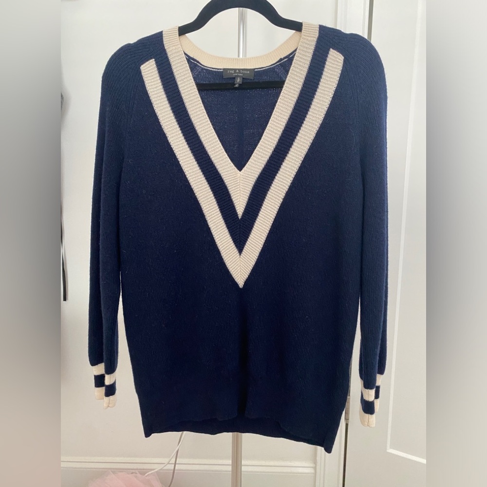 rag and bone extra fine merino wool striped sweater jumper navy white